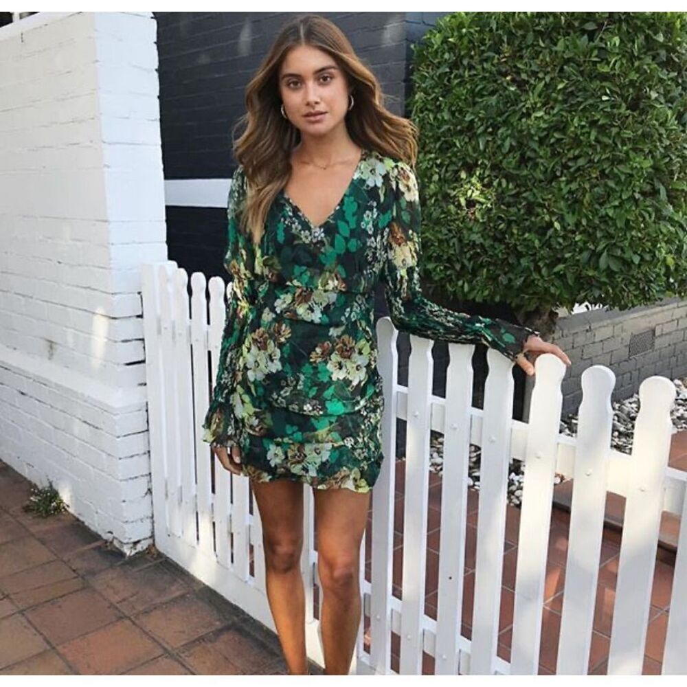 MLM Label 100% Silk Deep V-Neck Long Sleeve Floral Mini Dress Size Small